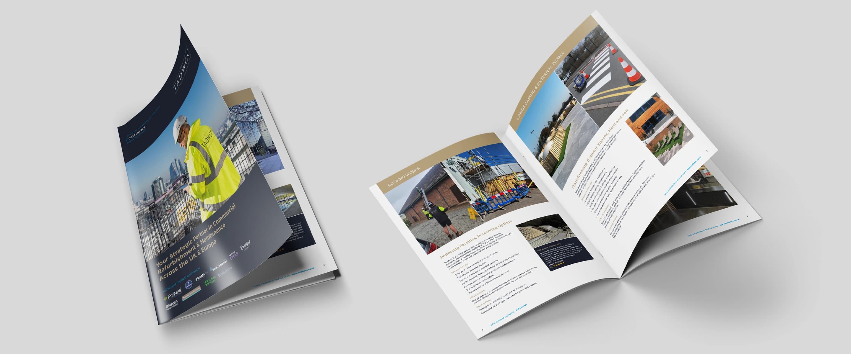 T&D Worx commercial contractors capability brochure: cover and an open project spread