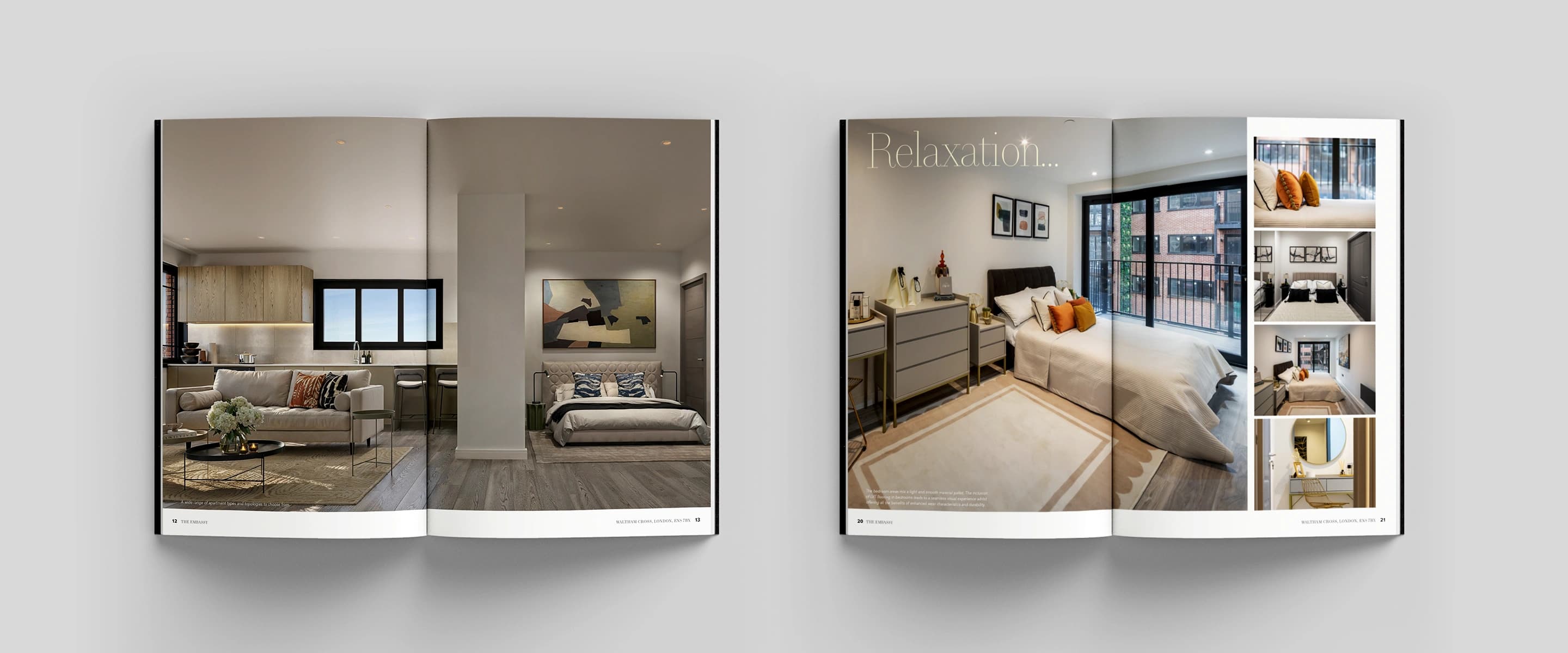 The Embassy property brochure: two open spreads showing apartment living and bedroom CGIs
